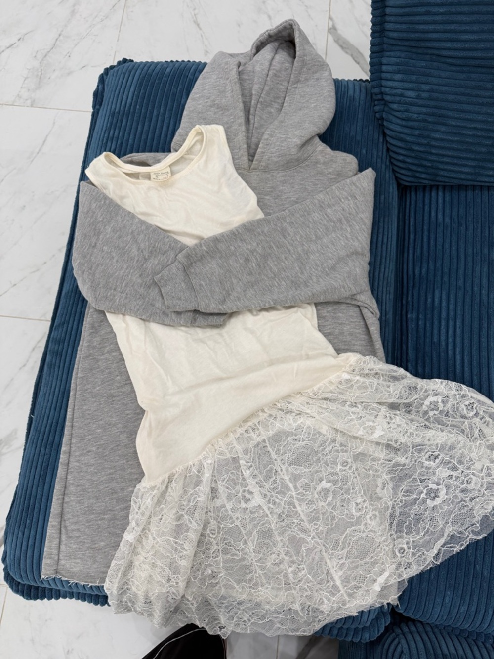 Zara Ivory Lace Slip with Grey Hoodie Layer